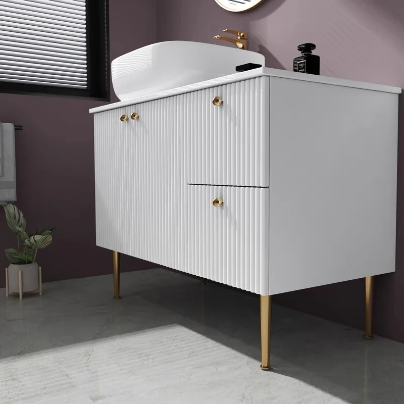 product wholesale luxury floor standing bathroom cabinet soild wood curved bathroom vanity set with round mirror-7