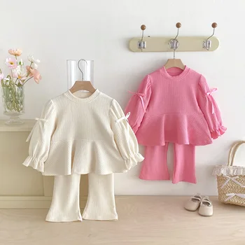 2025 Autumn New Girls' Baby Outfit Casual Korean Style Two-Piece Set with Bow knot Ruffle Flared Pants Solid Color Baby Suit