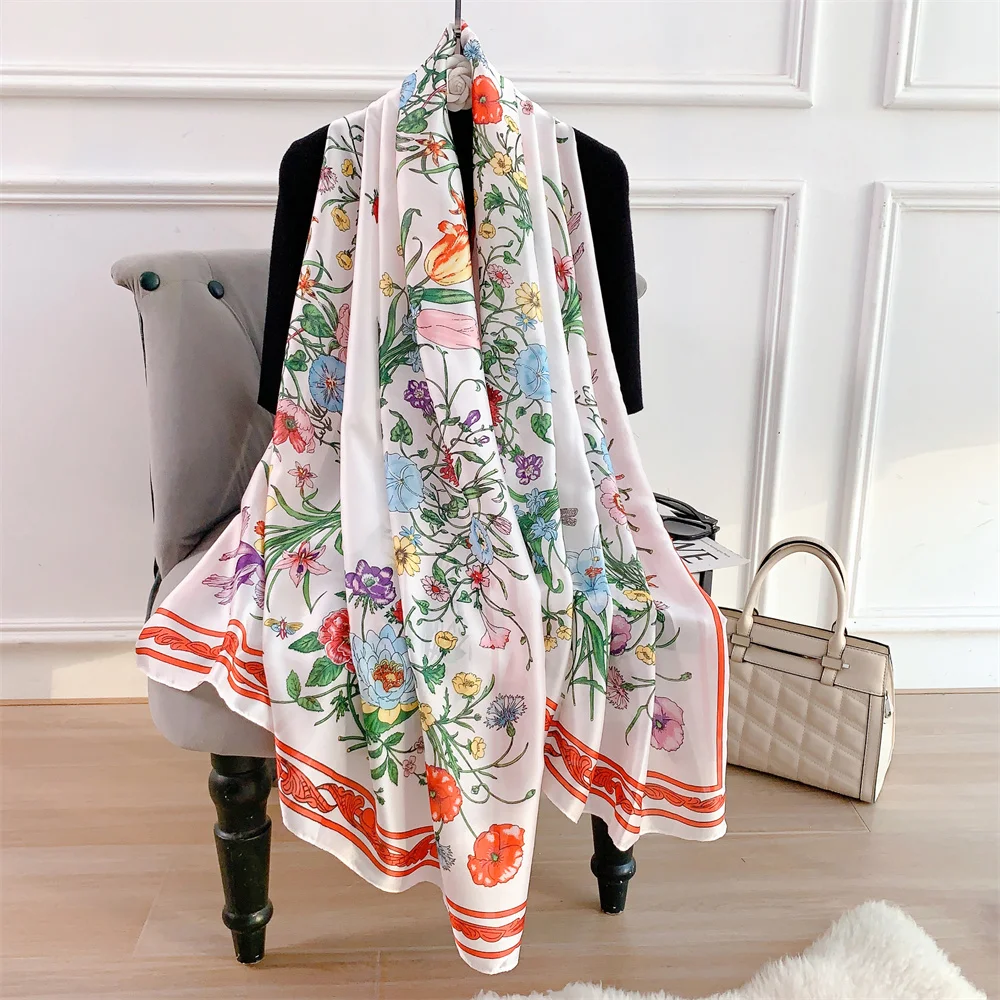 Custom Floral Design Silk Scarf For Women 90180cm Printing Satin Head Wraps Long Shawls Hijab 6044