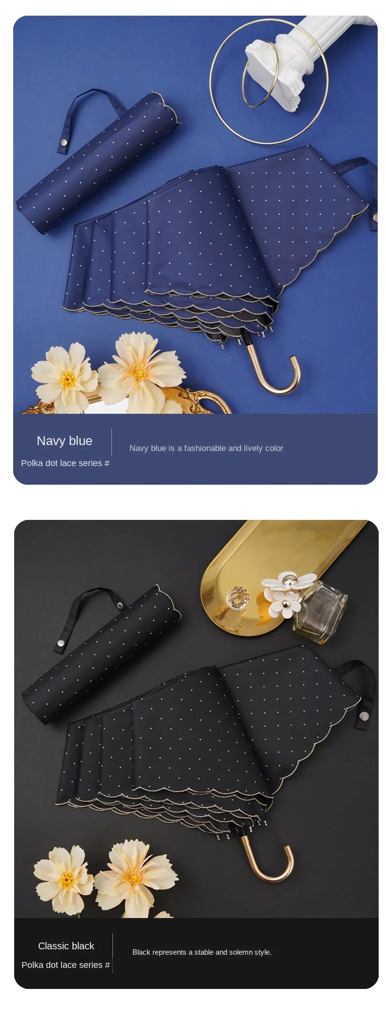 Parasol Polka dots uv umbrella Japanese mini fold sun rain umbrella with golden hook handle