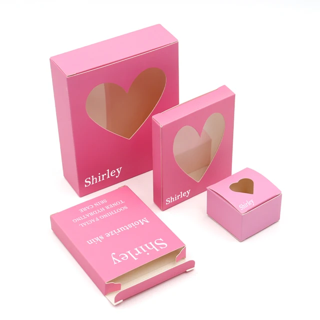 Customized Logo Cosmetic Folding Carton Packaging for Eyeshadow False Eyelash Paper Tuck End Boxes With Heart Shape Window