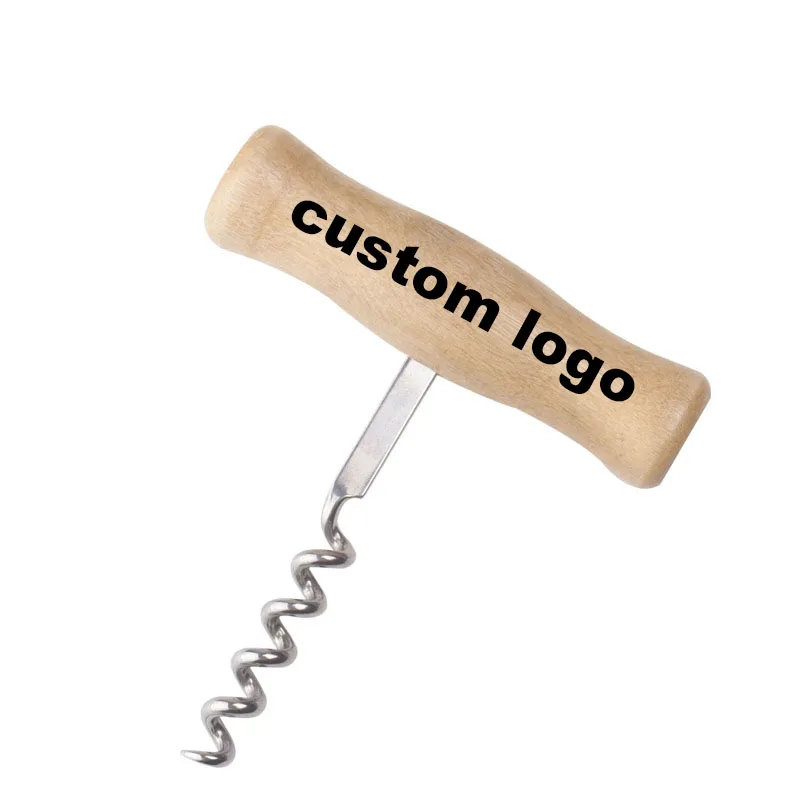 Custom logo stainless steel wooden handle t corkscrew wine bottle opener for bar wedding party home openers