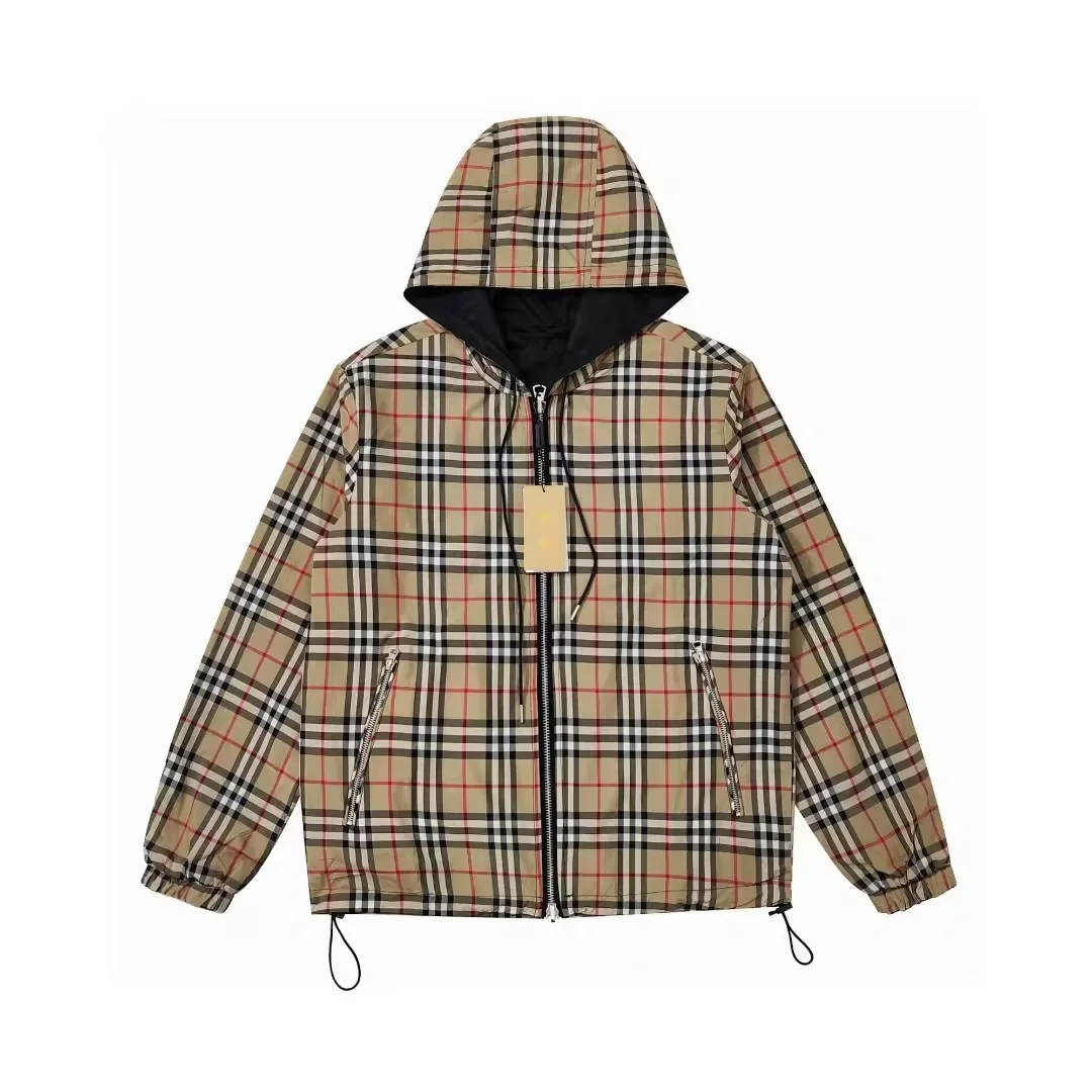 2025New Fashion Windproof and Waterproof Vintage Checkered Bur Lightweight berry Reversible Hooded Jacket for Men Outdoor Jacket - Image 3