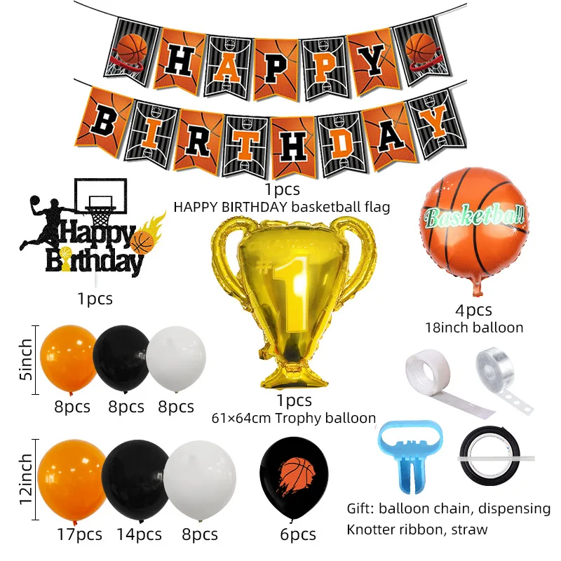 Set Decorazioni Compleanno Basket 131 Pezzi – Palloncini, Striscione, Tovaglia E Torte Topper Per Festa Bambino