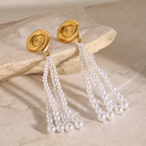 Luxury 18K Gold Stainless Steel Freshwater Pearl Drop Earrings Waterproof Long Tassel Earrings Trendy Style Pearl Shell Jewelry