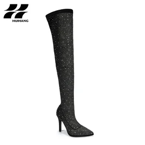 Glamorous Women's Pointed Toe Stiletto Over Knee Boots Comfortable Slip-On for Party Evening Soft Summer Footwear Rhinestones