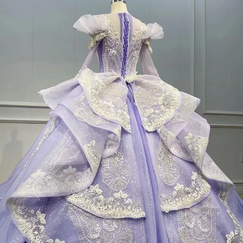New Design Factory Direct Sales Long Sleeve Quinceanera Dress Purple Lace Color Wedding Dress Wn036