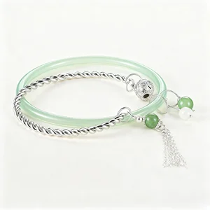 Elegant Natural Green Agate Twisted Silver Bangle Set with Jade Beads Vintage Hollow Bead Detail Exquisite Jewelry Collection