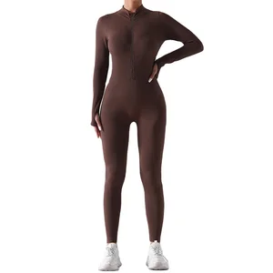 Hot Selling Full Length Long Casual Playsuit Sports Wear Women Gym Rompers Fall Zip Slim Fit Yoga One Piece Jumpsuit