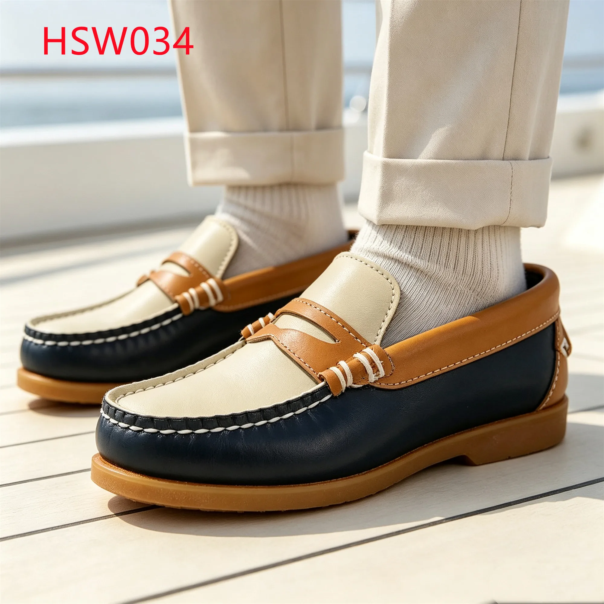 LXG,Holiday Leisure Beige+Blue+Tan Block Hua Singh Moccasin Shoes Pull-on Style Loafers Shoes with Penny Saddle Strap HSW034