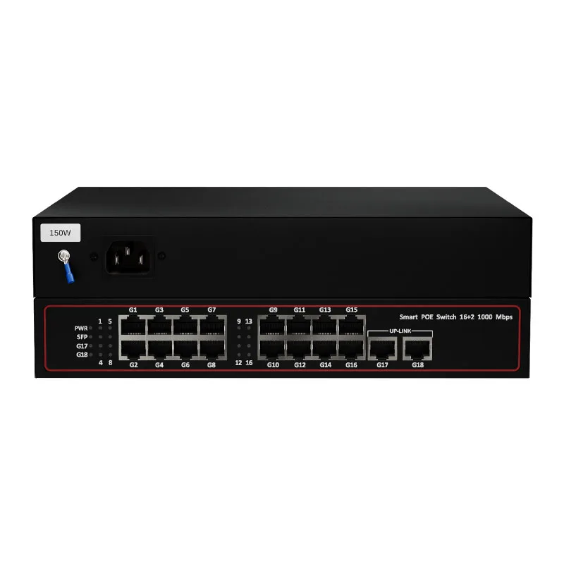 Pengalih PoE 16 Port 10/100/1000M Dengan 2 Uplink Gigabit 150W Kuasa Di Atas Ethernet 18 Port Pengalih Rangkaian POE