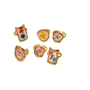 MW Minimalist Polygonal Women's Stainless Steel Dry Flower Opening Ring 18k Gold Plated Trendy Statement Jewelry for Weddings