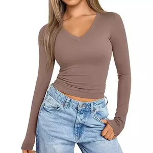 Autumn Women's Fashionable V-neck Casual Slim Fit T-shirt