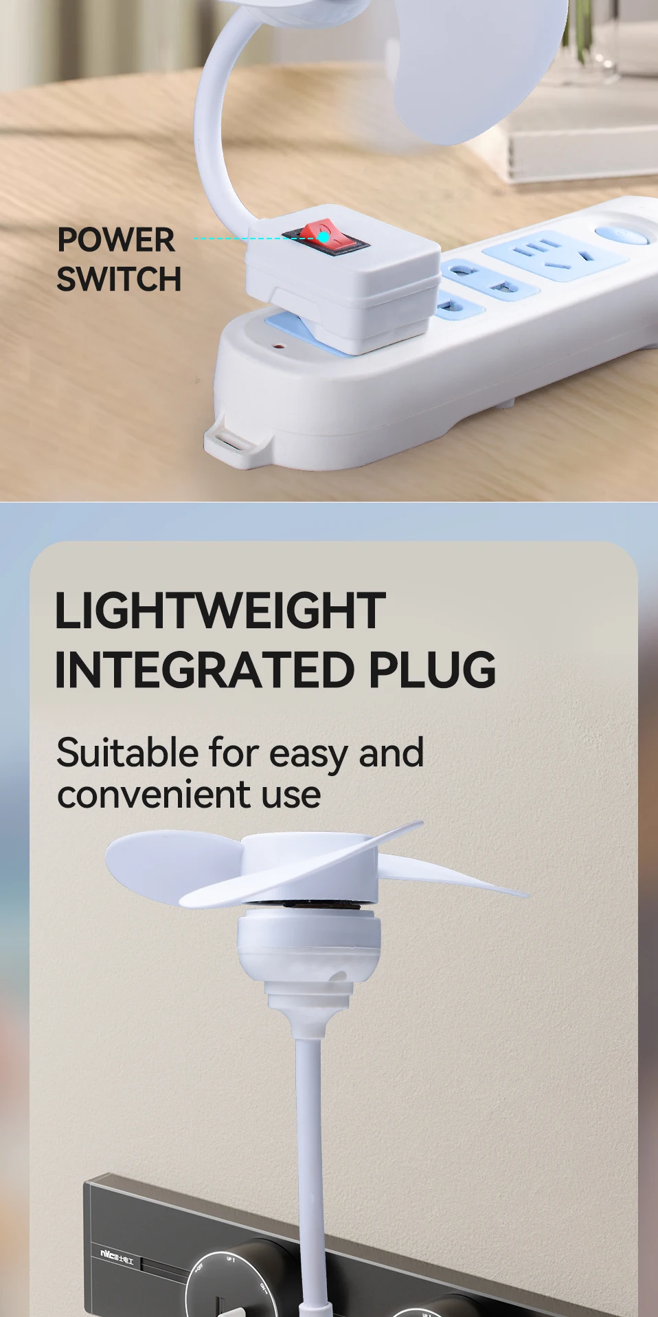 Plug in Portable 5.6W Small Fan 360 ° Bendable AC85-220v 3 Fan Blades Strong Wind Silent Summer Household Fan