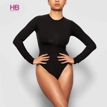 Soft Fabric Comfortable Fit Thong Base Layer Everyday Bodysuits Fits Everybody LONG SLEEVE CREW NECK BODYSUIT