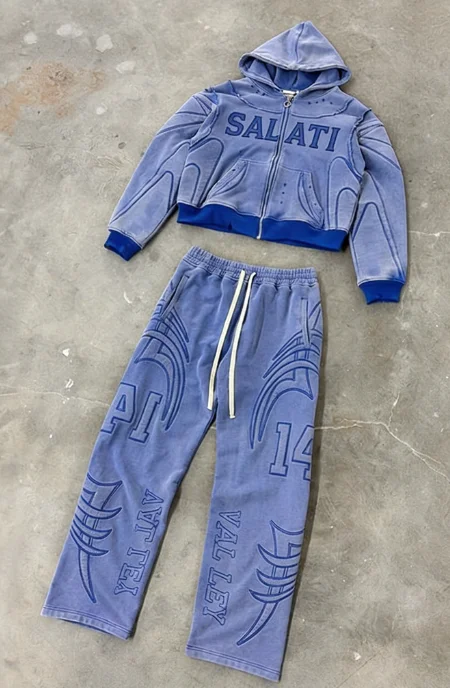 Salati Custom Sun Faded Embossing Manufacturers Acid Wash Vintage Zipper Cropped Tracksuit Hoodies Sweatpants and Hoodie Set gallery 2