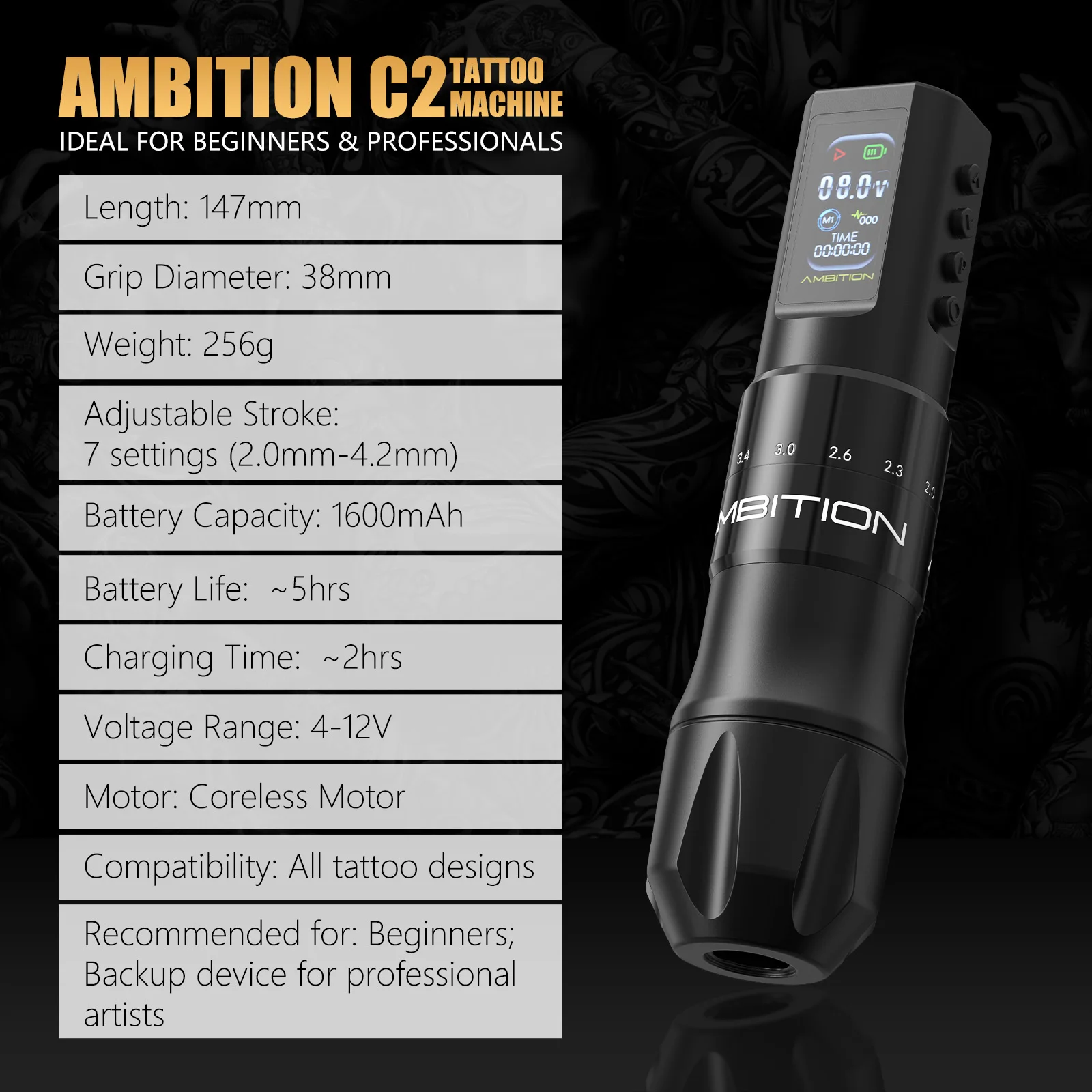 Ambition C2 Wireless Tattoo Machine Pen - 1600mAh Coreless Motor