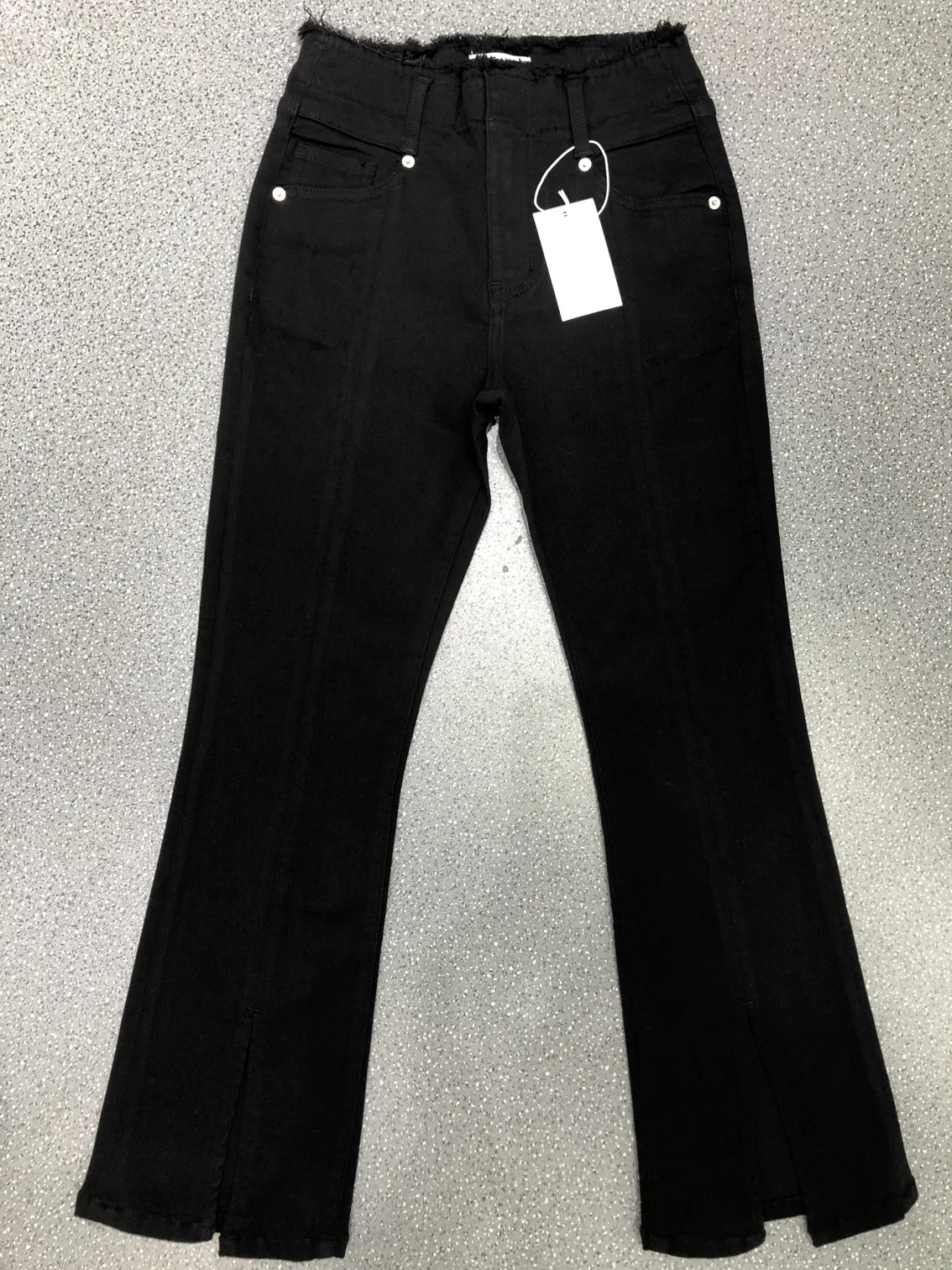 FD002 Autumn Winter Europe and American Burr Edge High Waist Pure Black Front Slit Design  Nine-minute Flare Pants Women