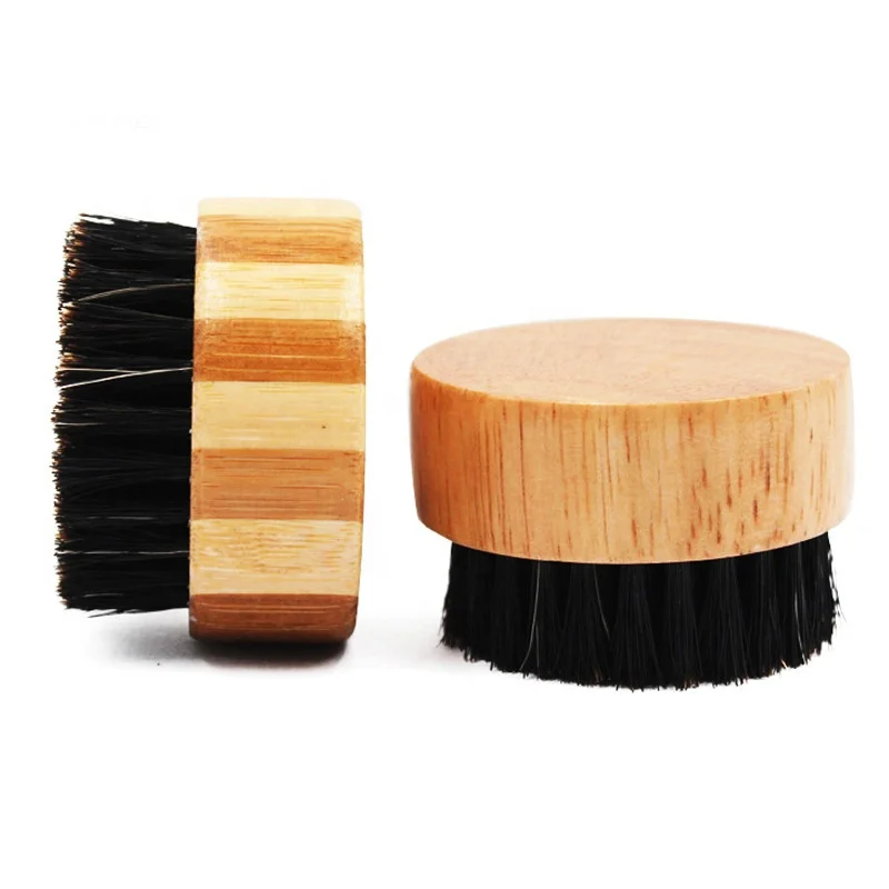 Factory wholesale rubber wood material round shape pure boar bristle mini beard cleaning brush boar bristle