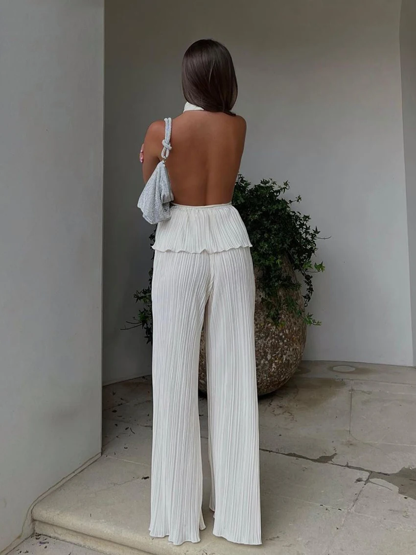 Conjunto de pantalón blanco plisado para mujer, traje elegante de