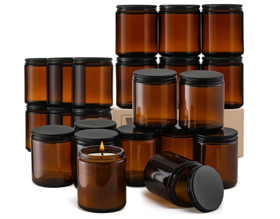 8 OZ Thick Amber Round Glass Jars with Black Metal Lids Empty Candle ...