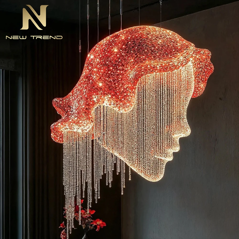 CPL-474 Contemporary Abstract Face Sculpture Chandelier – Custom Crystal Art Installation for Hotel Lobby & Showroom
