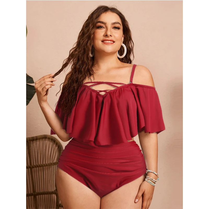 2022 New Design DAMO Plus Size High Waisted Bikini Sexy Women Red Ruffle Two Pieces Summer Girls Sauna Wear Hot Swimwear