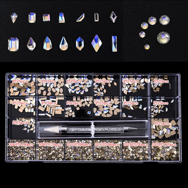 3830Pcs Crystal AB Nails Art Rhinestone Tool Set Mixed Flatback Gemstone for Nails factory