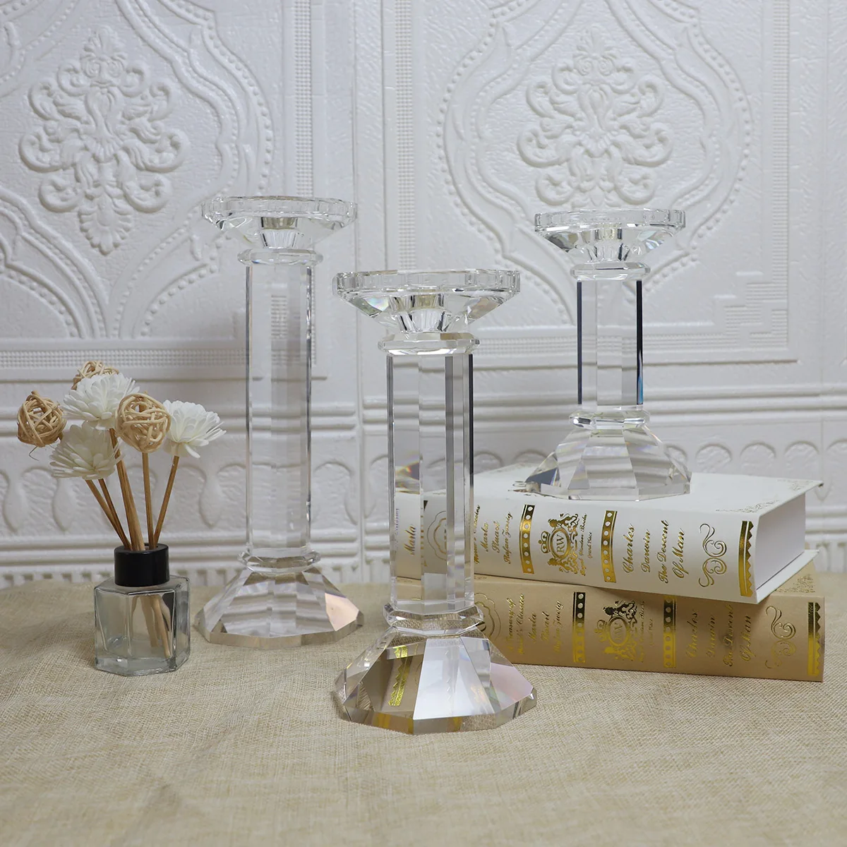 Customized luxury wedding centerpiece decorating clear long stem glass crystal taper candle stand stick holders table decoration details