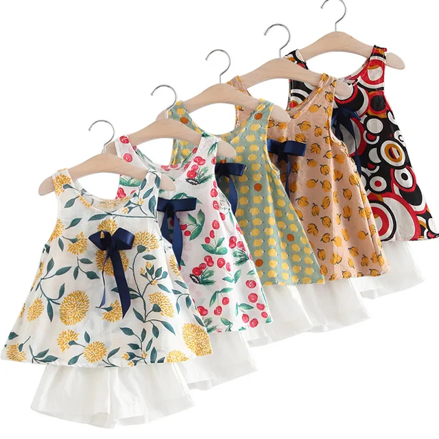 Summer children's clothing new girls dress Printed skirt bow girl halter fashion clothing
