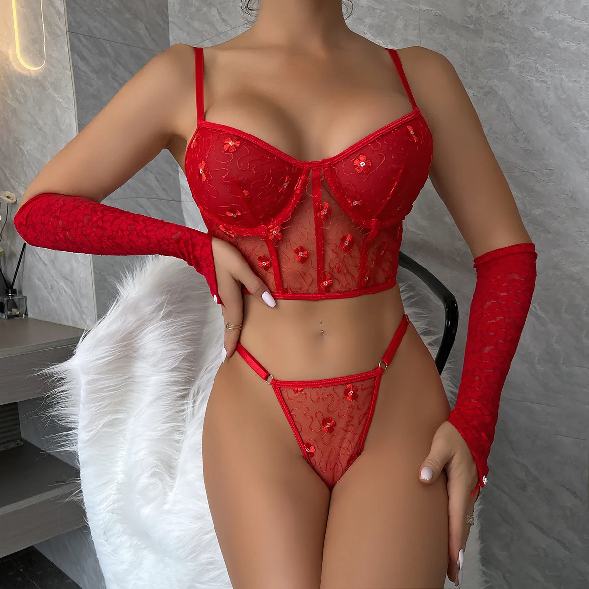 Ladies Sexy Lingerie Lace Mesh See-through Embroidery Sexy Lingerie Set