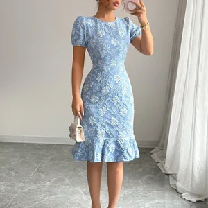 New Elegant Lady Ruffled Hem Short Sleeve Dress Casual All-Match Solid O-Neck Vestido Skinny Hip Covering Slim Knee Length Dress