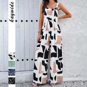 Casual Printed Jumpsuit Strap Women's Jumpsuits Rompers Wide Leg Long Pants Playsuits