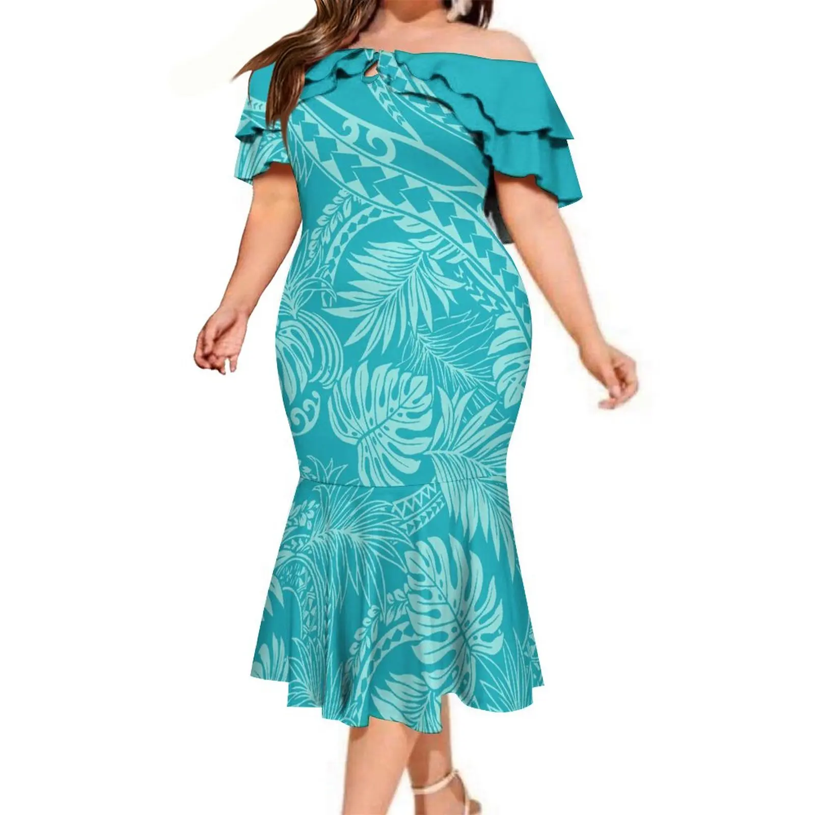 Wholesale New Polynesian Tapa tyle exy Fishtail Dresses Pacific Island Art Personality Double Ruffle Mermaid Dress For Party,2 Pieces Wholesale New Polynesian Tapa tyle exy Fishtail Dresses Pacific Island Art Personality Double Ruffle Mermaid Dress For Party,2 Pieces
