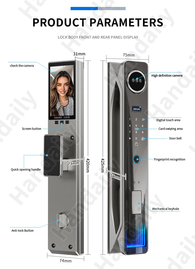 handaily video intercom 3d face authentication fingerprint door lock easy to install tuya smart lock smart home products h26-10