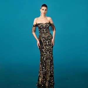 Bettergirl High Quality 2025 New Tassel Golden Banquet Women Dress Sequin Long Elegant Evening Dress