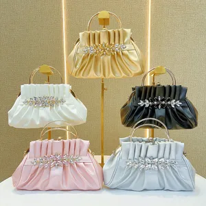 Vintage Satin Pleated Handbag with Rhinestone 2026 Embellishment for Evening Party Shoulder Bags