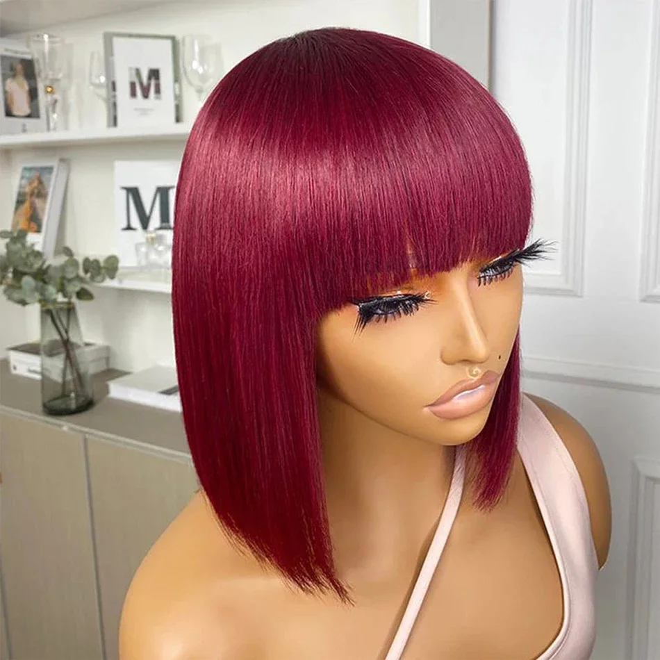 Peluca bob de pelo humano con flequillo para mujer borgoña liso_voghion.com