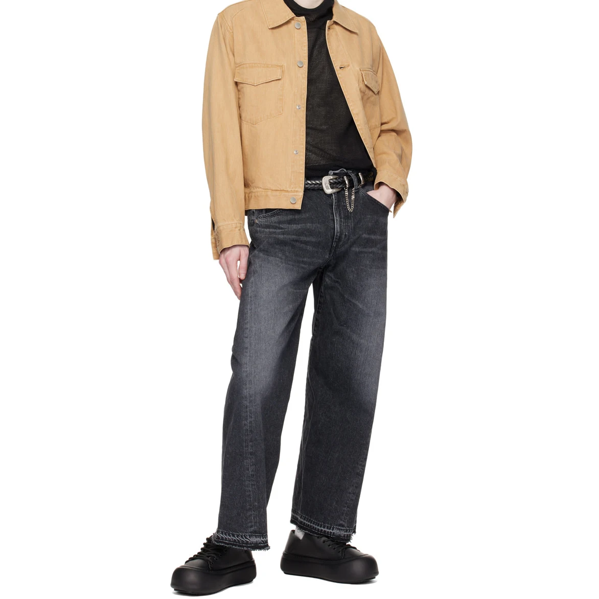 Jeans da uomo in denim grezzo dritto e lavaggio invecchiato nero_voghion.com