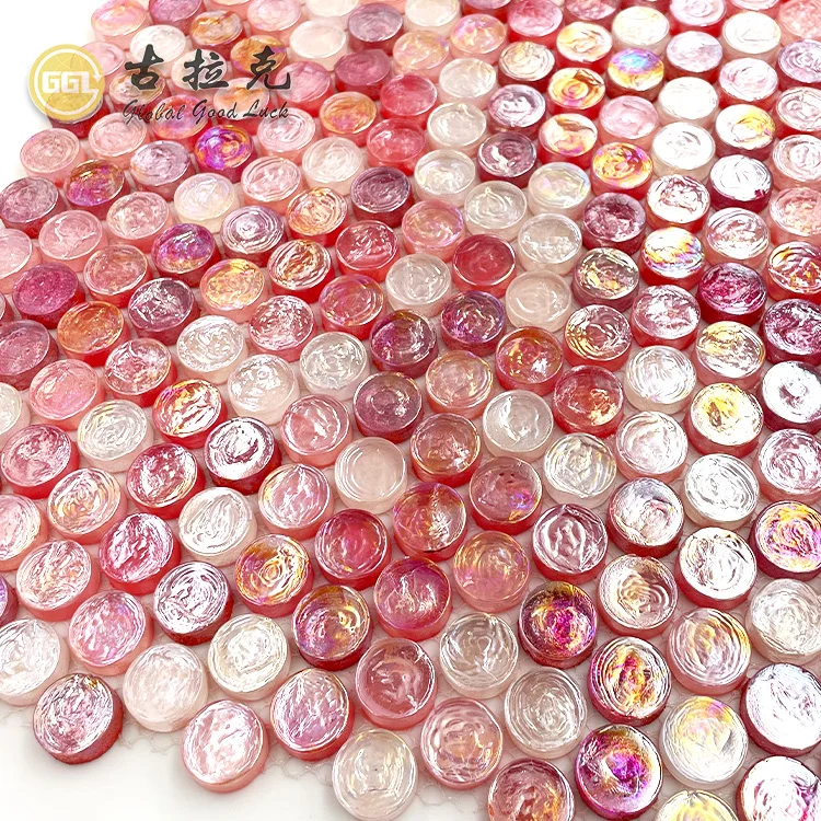 New Round Iridescent Glossy Crystal Glass Tile Pink Color Glass Mosaic Tile Building Material for Wall Pool Decor