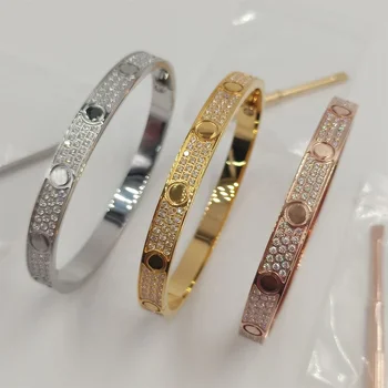 wholesale custom stainless steel fashion jewelry zircon stone classic 18k gold love cuff bracelet bangle for women