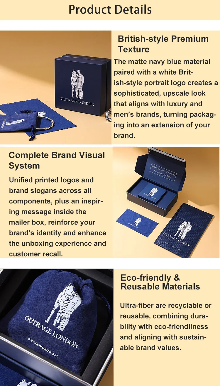Wholesale Luxurious Blue Lid Base Jewelry Box Set Embossed Printing Drawstring Bag Protective Bubble Bag Polishing Cloth Custom details