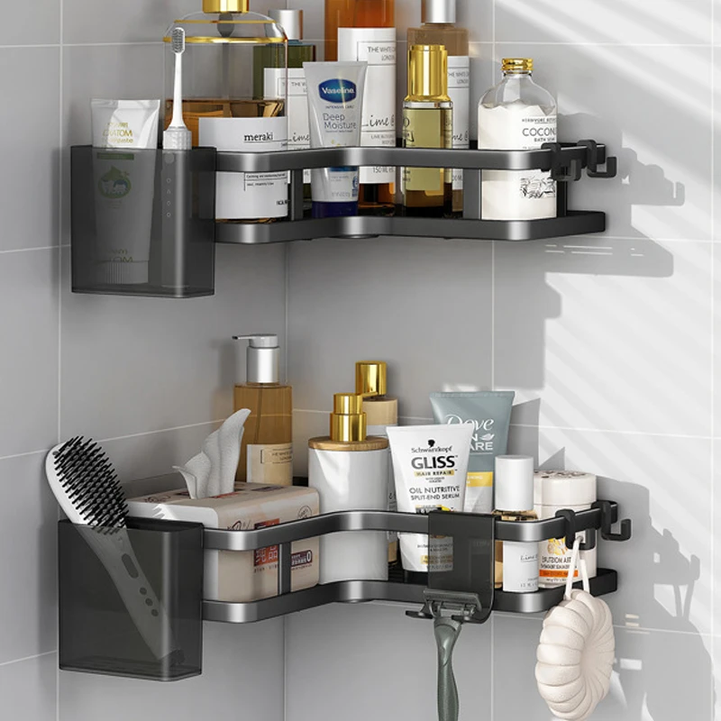 Bathroom Adhesive Toothpaste Storage Rack Caddy Shower Corner Organizer Shelves With Hooks