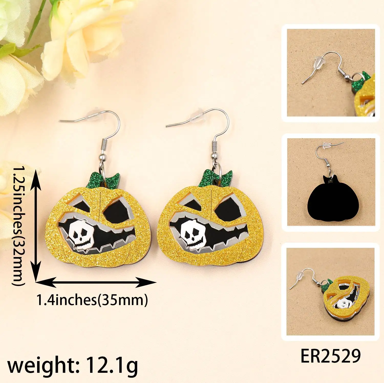 YYXER2529 Shiny Acrylic Vintage Drop Earrings Halloween Violent Pumpkin Skull Design for Gift manufacture