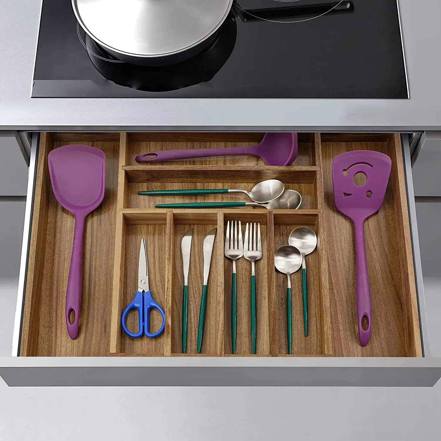 product expandable cutlery tray acacia wood silverware kitchen silverware wooden drawer organizer kitchen utensil tray storage holder-10