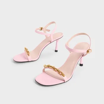 Pink mid high stiletto leather trendy elegant heel woman sandal