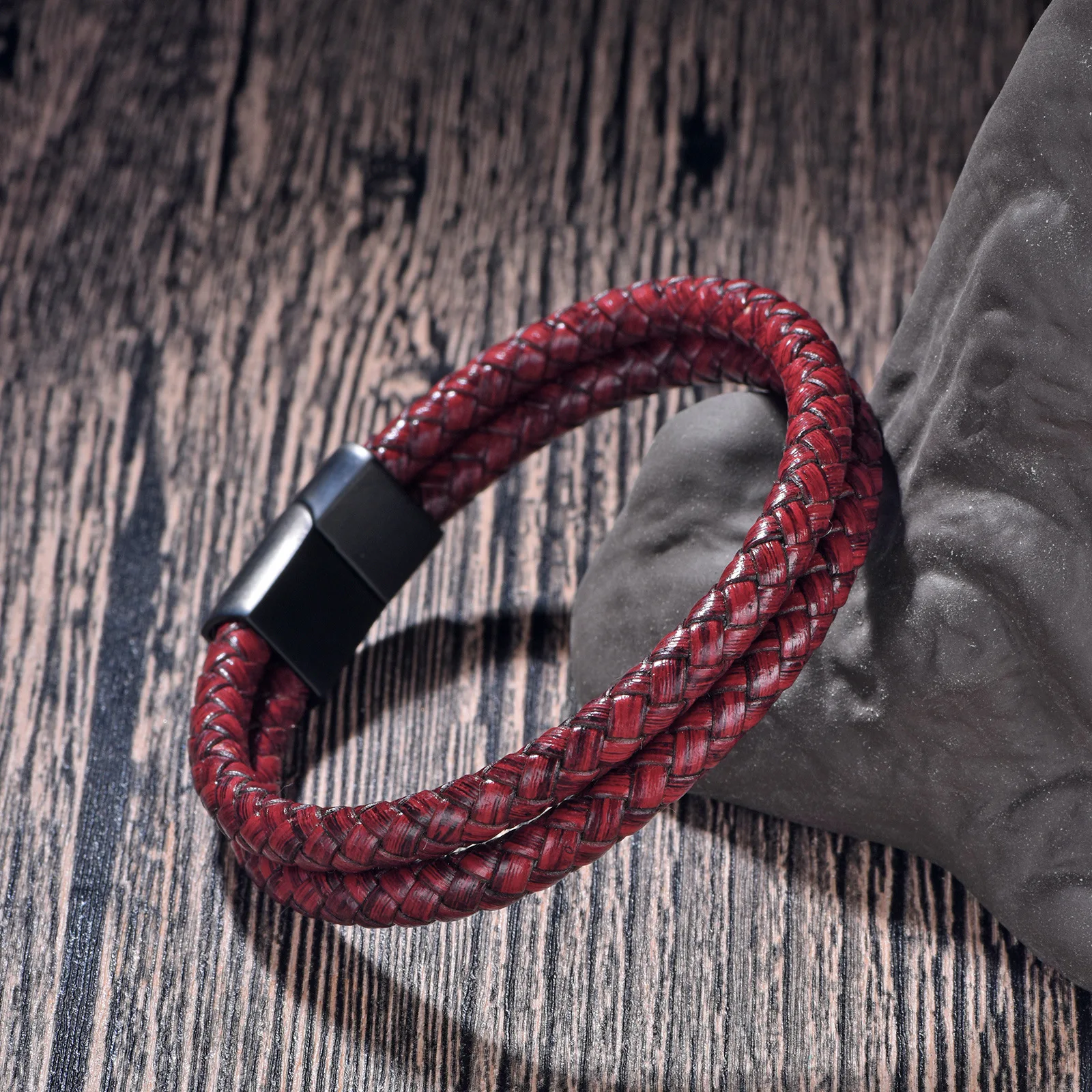 Trendy Ins Jewelry Double Circle Rope Genuine Leather Bracelet Men's  Vintage Hand Woven Wrap Red Leather Braided Cord Bracelet