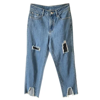 Light Blue Women's High Waist Mom Fit Jeans New Fashion Hollow out Denim Trousers for Women