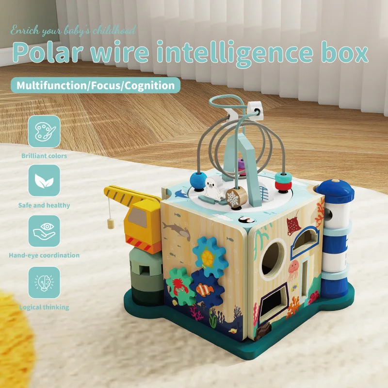 Polar-Themed Kids' Educational 4-Sided Activity Cube Multi-Functional Bead Maze & Shape Sorting Matching Toy