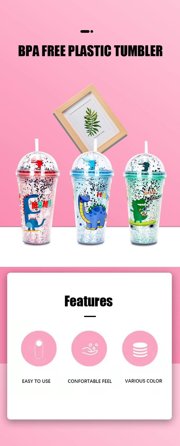 Wholesale 16 Oz Dome Lid Clear Drinking Double Wall Dinosaur Cute